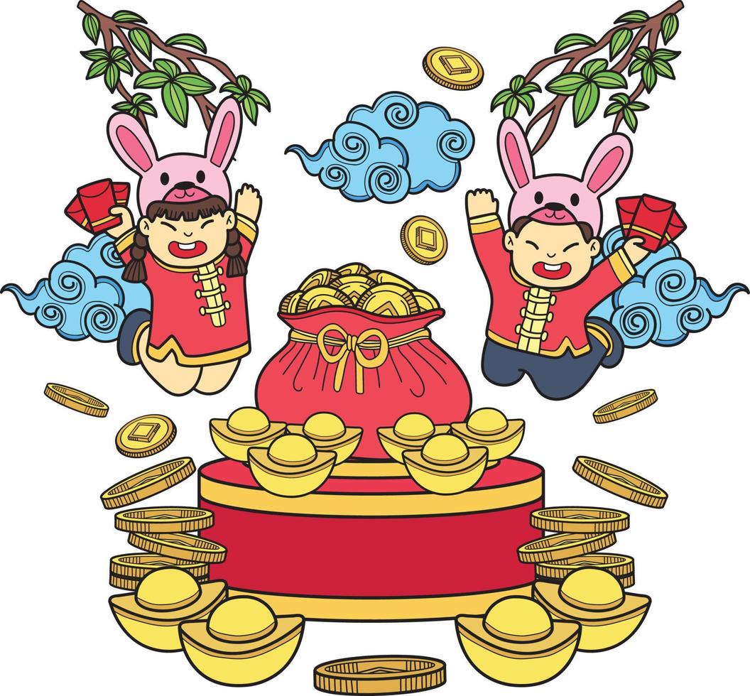 hand- getrokken Chinese kind vervelend konijn hoed en geld zak illustratie vector