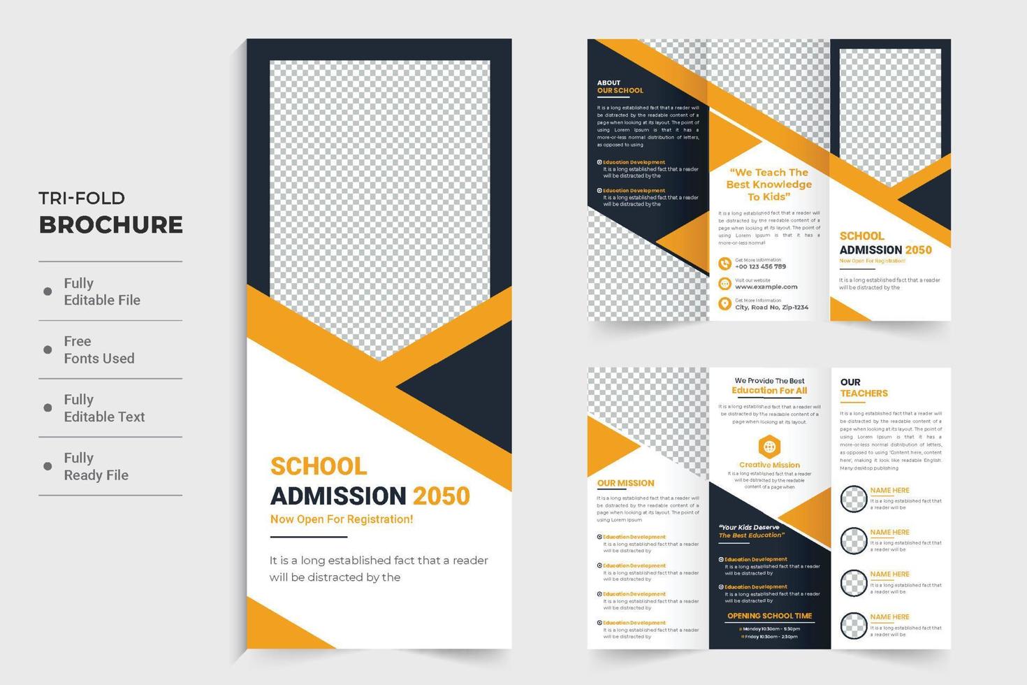 school- toelating en onderwijs drievoud brochure ontwerp met donker en geel kleuren. academisch opleiding centrum Promotie sjabloon vector. school- faciliteiten en activiteiten brochure ontwerp voor marketing. vector