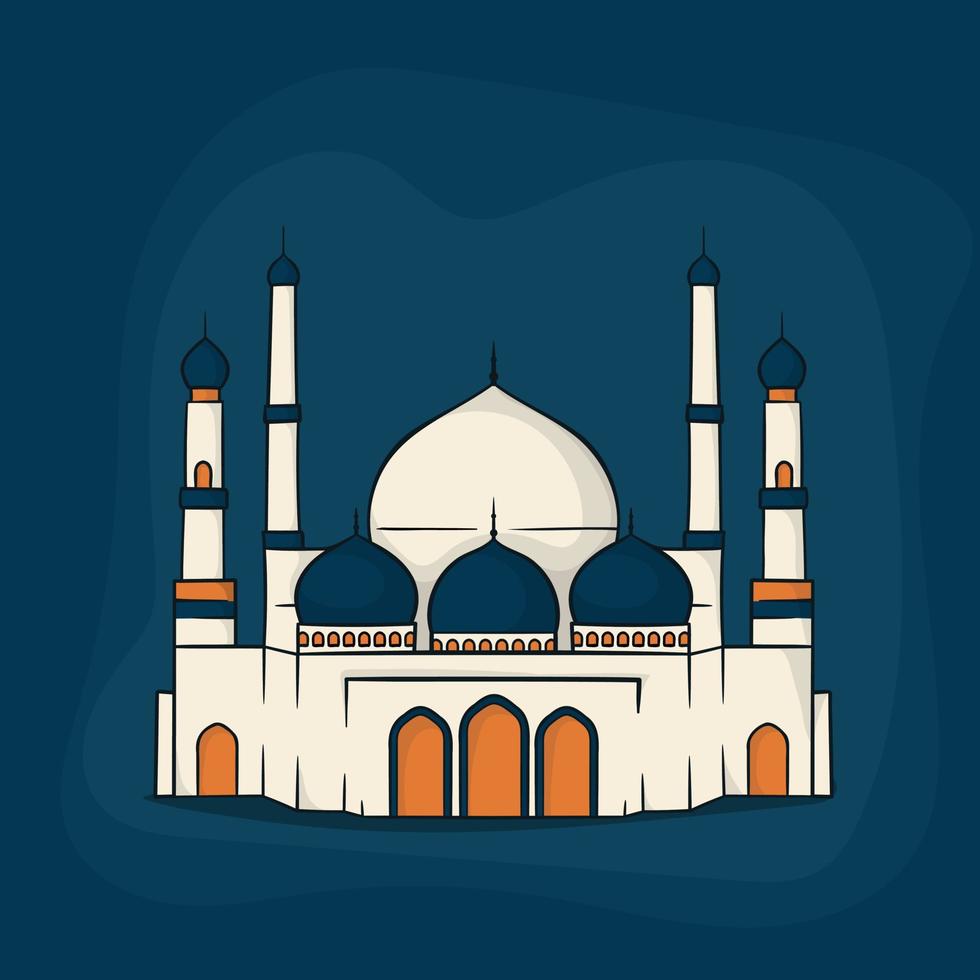 moskee met voorkant visie in tekenfilm ontwerp met blauw achtergrond voor Ramadan sjabloon ontwerp vector