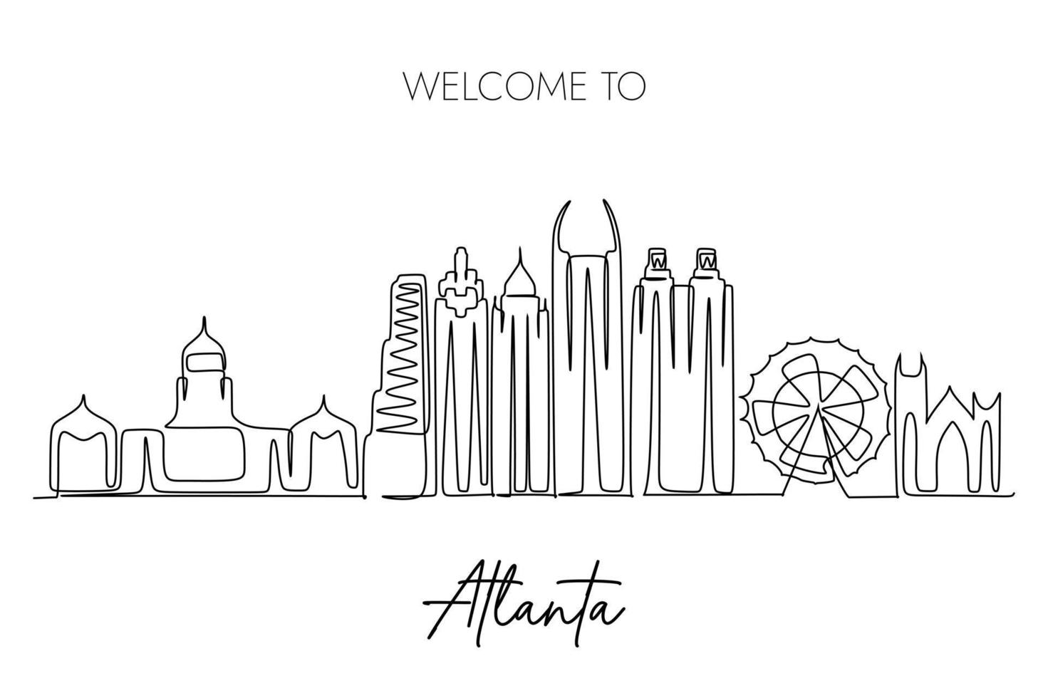 Welkom naar Atlanta schrijven met horizon lijn tekening. gemakkelijk hand- getrokken stijl ontwerp voor reizen en toerisme Promotie vector