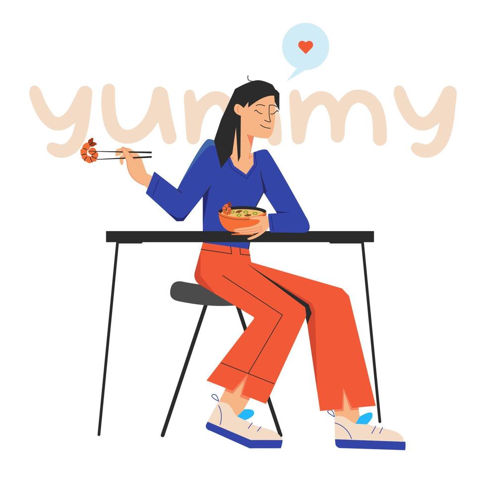 jong vrouw zittend Bij de tafel en aan het eten miso soep populair Koreaans voedsel en Holding garnaal in eetstokjes. voedsel concept. vector voorraad illustratie geïsoleerd Aan wit achtergrond in vlak stijl