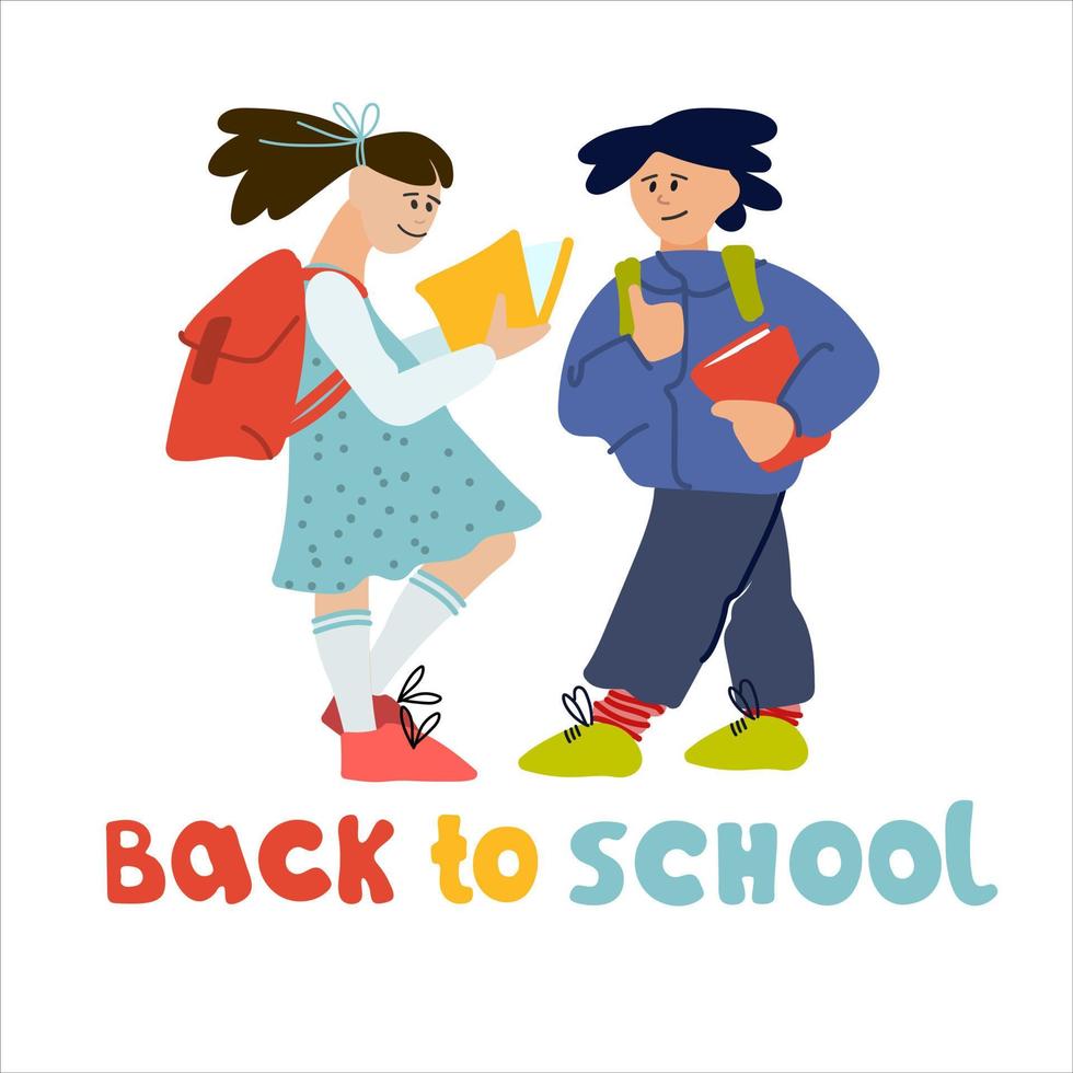 Welkom terug naar school- spandoek. gelukkig schoolkinderen vector illustratie in vlak stijl ontwerp en hand- belettering