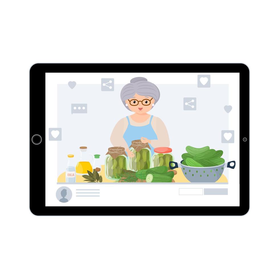voedsel bloggen concept. ouderen vrouw blogger karakter bereiden gepekeld komkommers met specerijen in een kan. ingeblikt natuurlijk gezond producten vector illustratie.