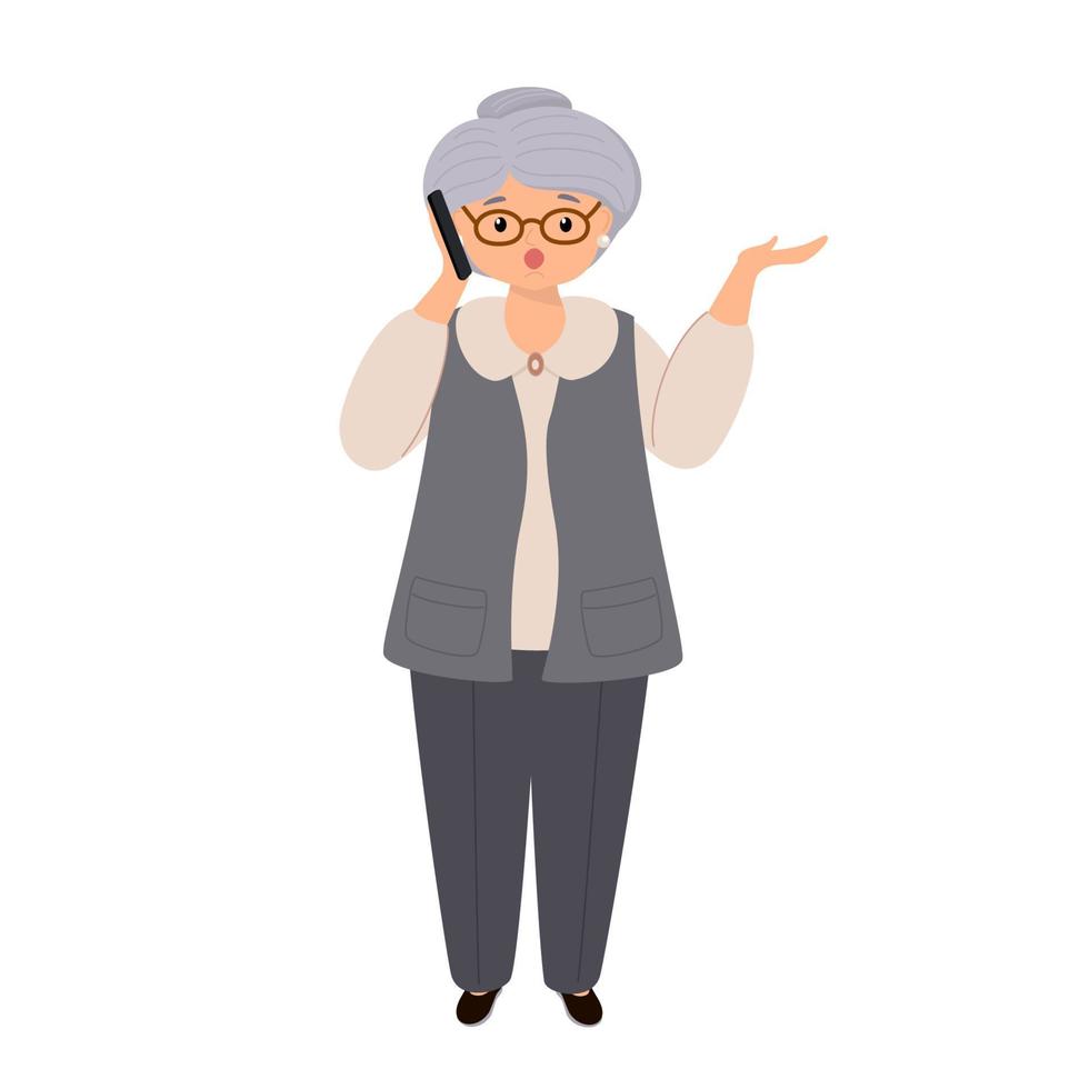 vector karakter illustratie van ouderen vrouw pratend Aan smartphone. grootmoeder gebruik makend van mobiel telefoon. familie, mobiel internetten, sociaal media, modern communicatie technologie concept.
