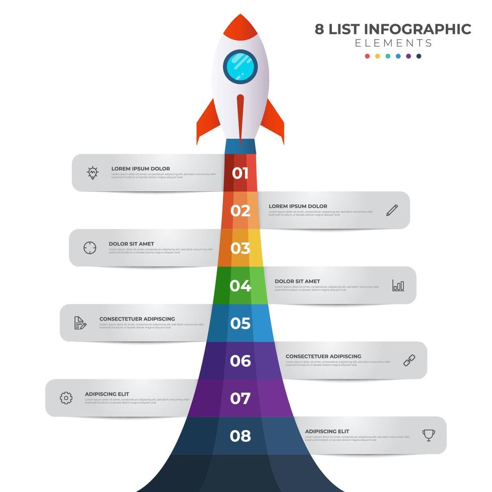 lijst diagram met 8 aantal points van stap, reeks, kleurrijk raket lancering beginnen, infographic element sjabloon vector. vector