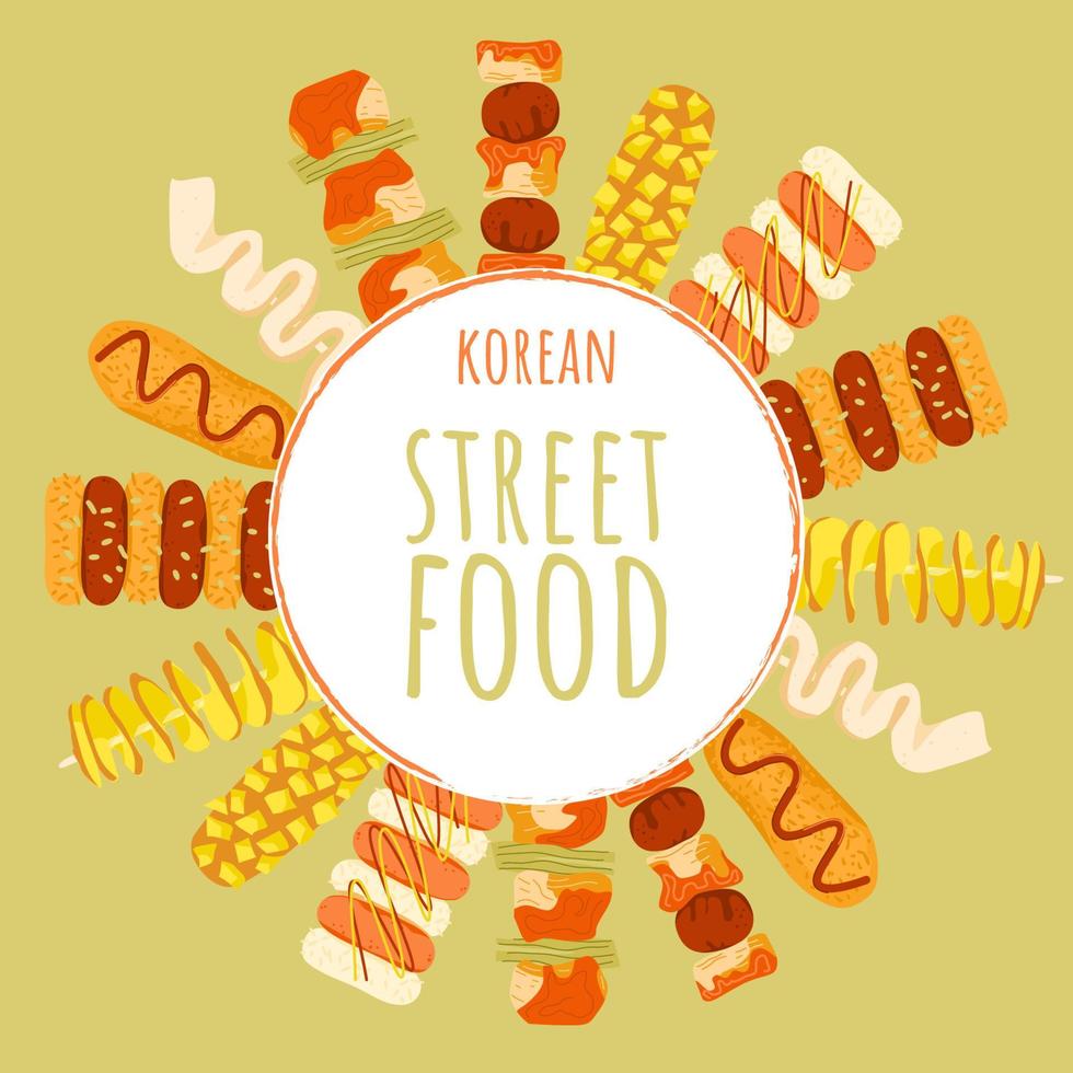 Aziatisch snel voedsel ronde grens. Koreaans straat voedsel Aan stok festival kader spandoek. Corn dog hotdog, vis taart, tornado aardappel, rijst- en kip spiesjes, kebap creatief ontwerp. vector illustratie.