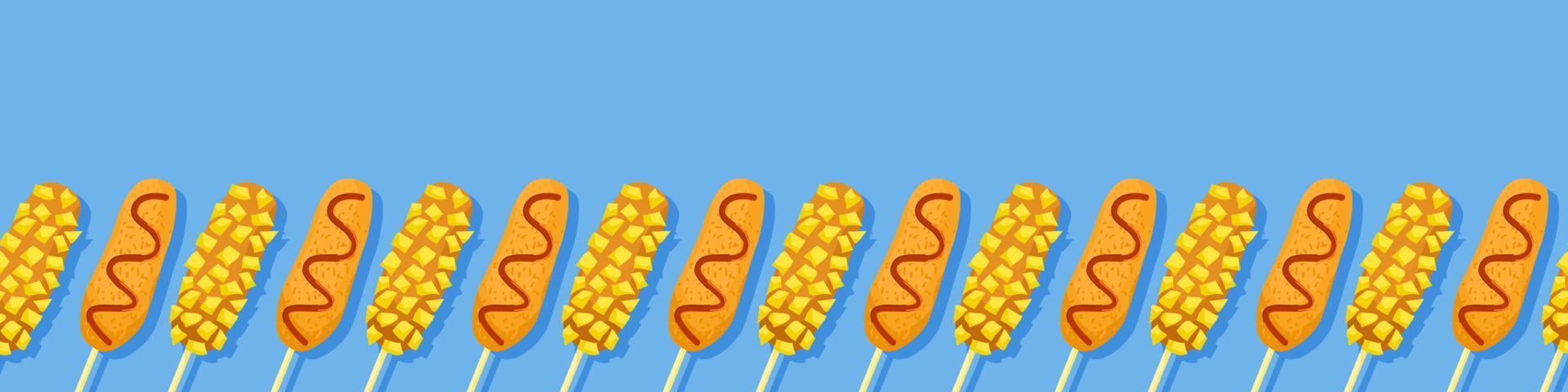 Koreaans straat voedsel spandoek. horizontaal naadloos patroon van Aziatisch stok snacks. Frans Patat gaja Corn dog. schattig kleurrijk Aziatisch gerechten tekening grens. vector illustratie.