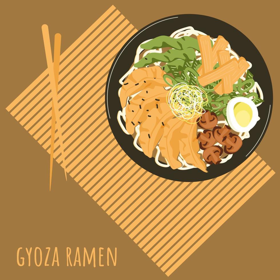 gyoza ramen soep met eetstokjes bamboe placemat poster. Aziatisch voedsel met noedels, gyoza knoedels, manma, ei, erwt peulen, radijs spruiten. Chinese Japans Koreaans keuken gerecht. vector illustratie.