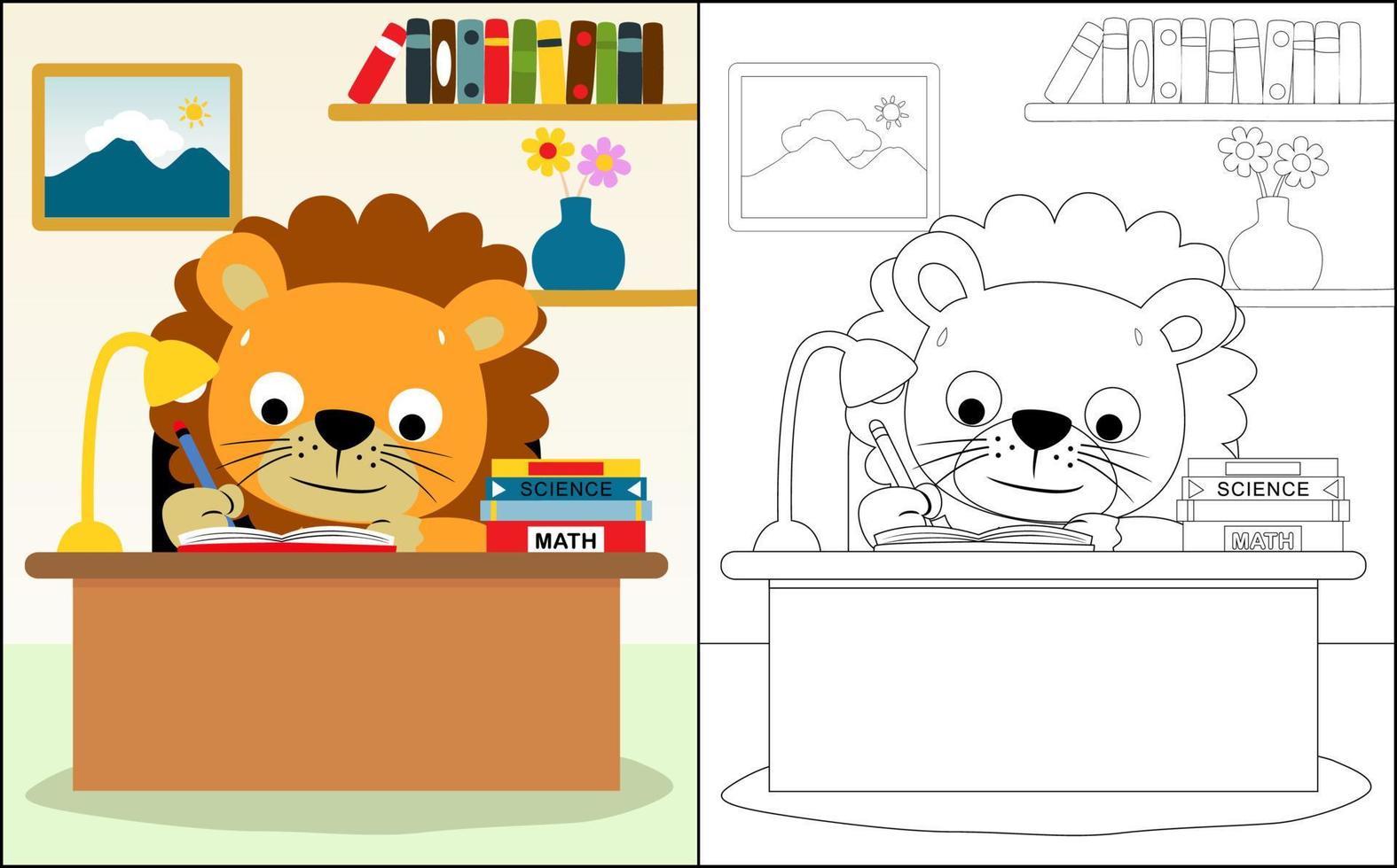 kleur boek of bladzijde met schattig leeuw tekenfilm aan het studeren Aan tafel in klas vector