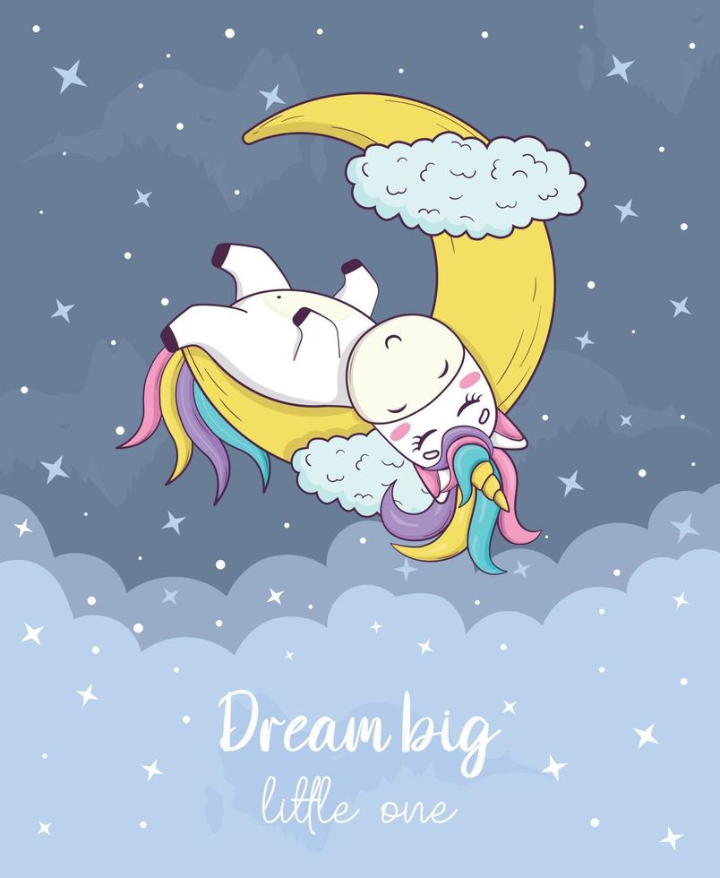 kaart met schattig kawaii eenhoorn met regenboog manen en toeter in anime stijl vector