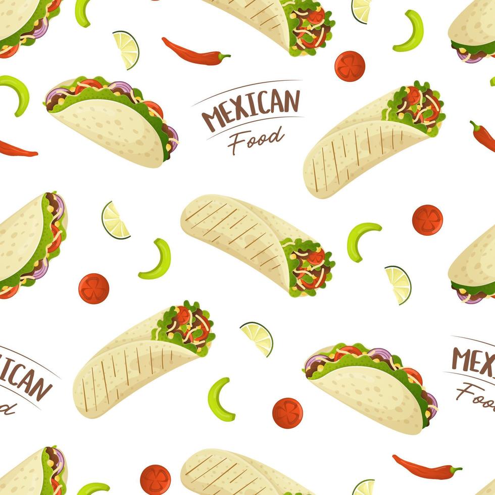 naadloos patroon met Mexicaans voedsel taco's en burrito's. snel voedsel restaurant en straat voedsel hapjes, vlees tortilla's, meenemen voedsel levering vector