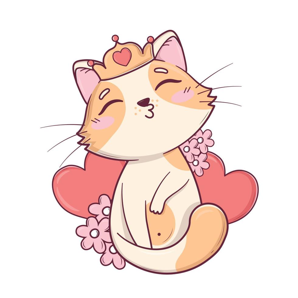 kawaii schattig valentijnsdag kat geeft een kus van liefde Aan de achtergrond van harten en bloemen vector