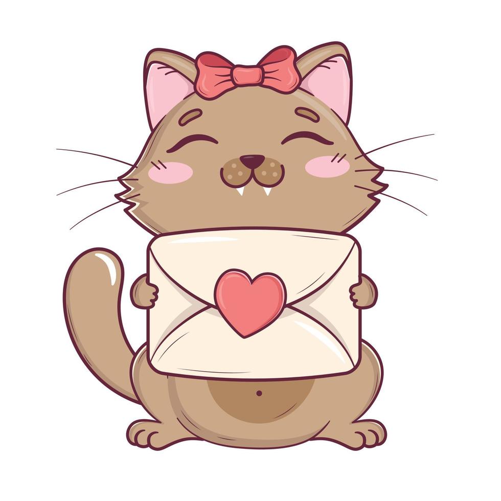 kawaii schattig valentijnsdag kat Holding een envelop met een Valentijn in haar poten vector