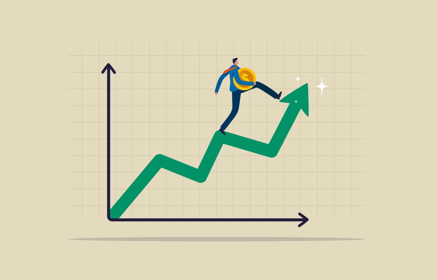 investering groei. voorraad markt of fonds, band, goud, cypto, munteenheid. handel of uitwisselen valuta's. zakenman rennen omhoog Aan een groeit pijl grafiek. illustratie vector