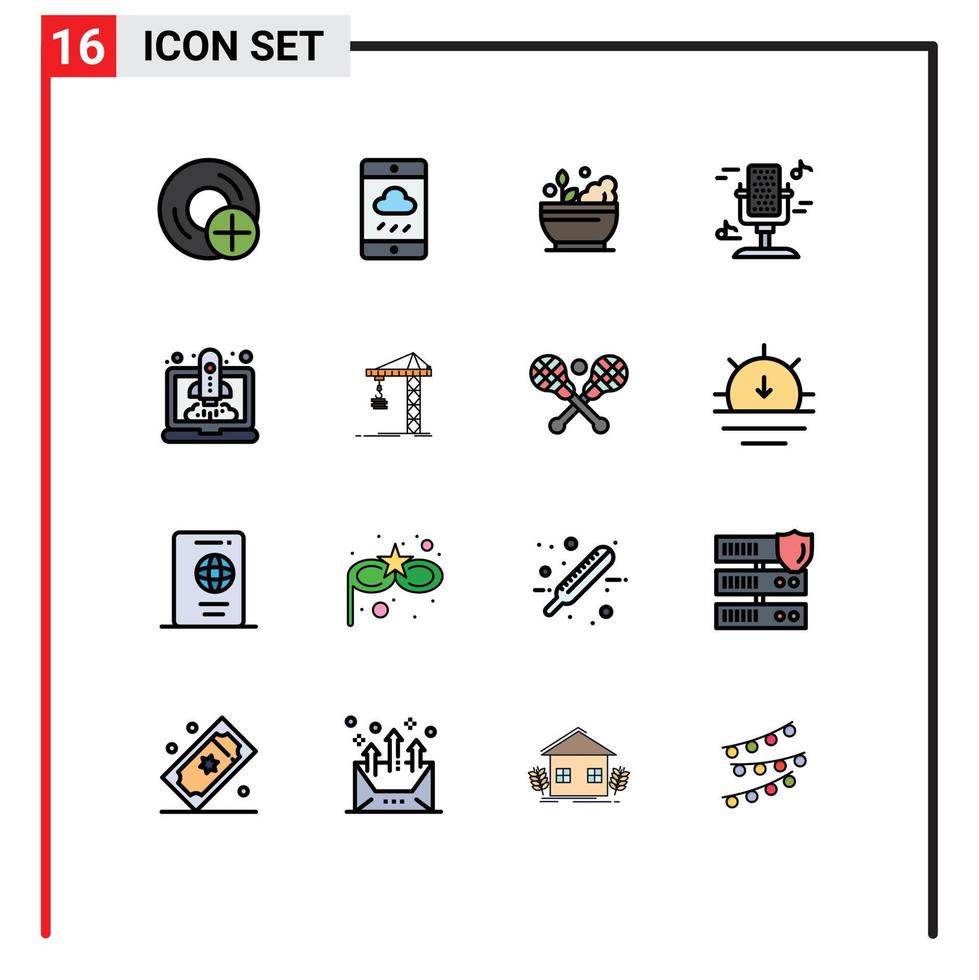 16 vlak kleur gevulde lijn concept voor websites mobiel en apps boost muziek- regen microfoon soep bewerkbare creatief vector ontwerp elementen