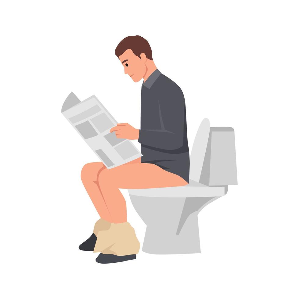 jong zakenman zittend Aan toilet en lezing krant- van kant visie hoek. vlak vector illustratie geïsoleerd Aan wit achtergrond
