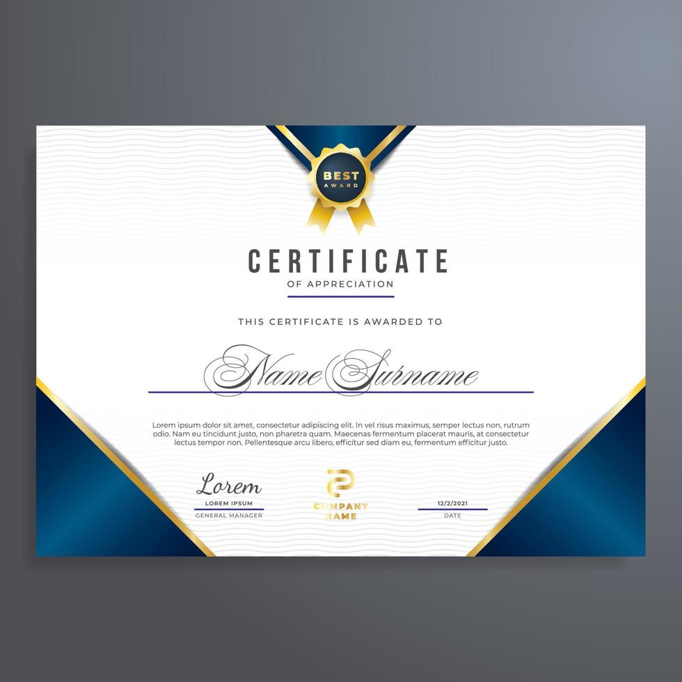 certificaat van waardering sjabloon met goud en blauw kleur, gemakkelijk en elegant ontwerp vector