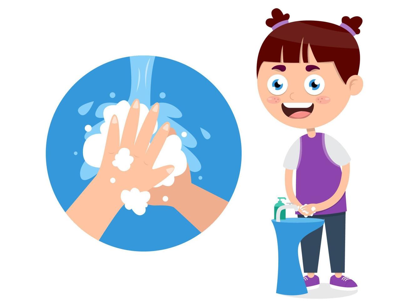weinig meisje het wassen handen met vloeistof zeep naar voorkomen tegen virussen, tekenfilm vector illustratie