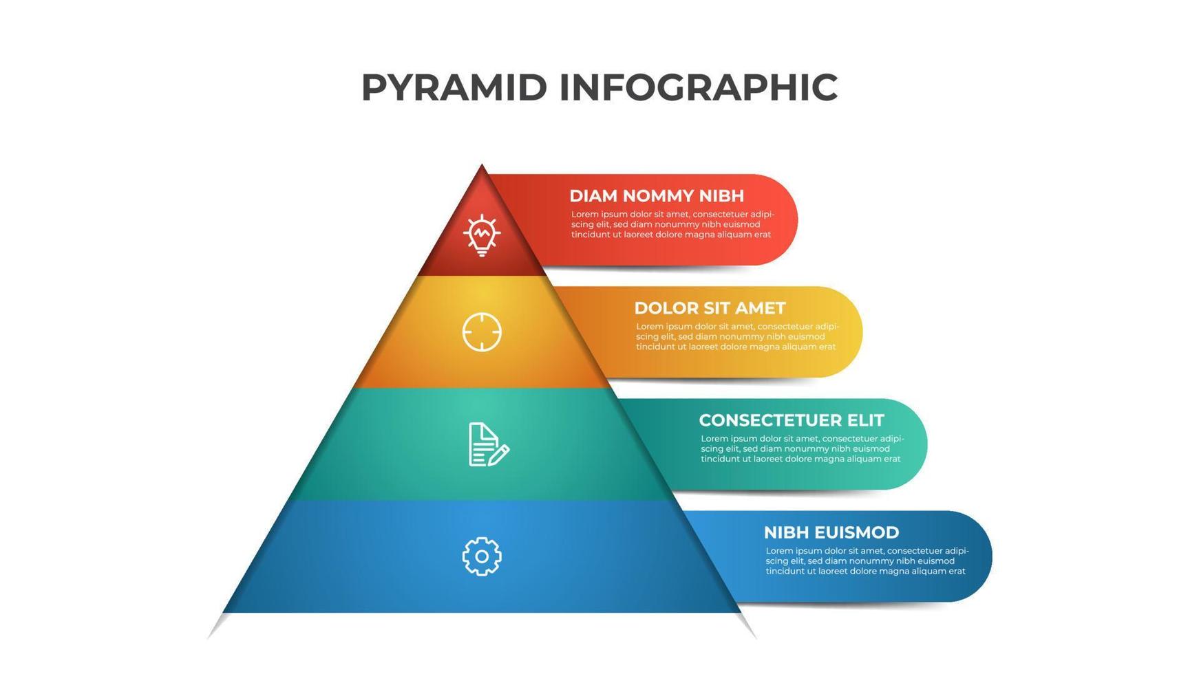 piramide infographic sjabloon met 4 niveaus, opties, lijst diagram. kleurrijk lay-out voor presentatie, rapport, brochure, banier, enz. vector