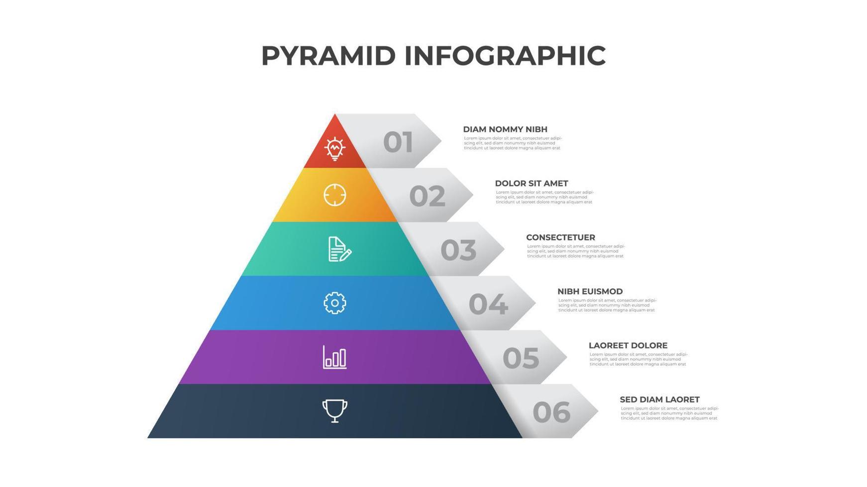 piramide infographic sjabloon met 6 lijst en pictogrammen, lay-out vector voor presentatie, rapport, brochure, folder, enz.