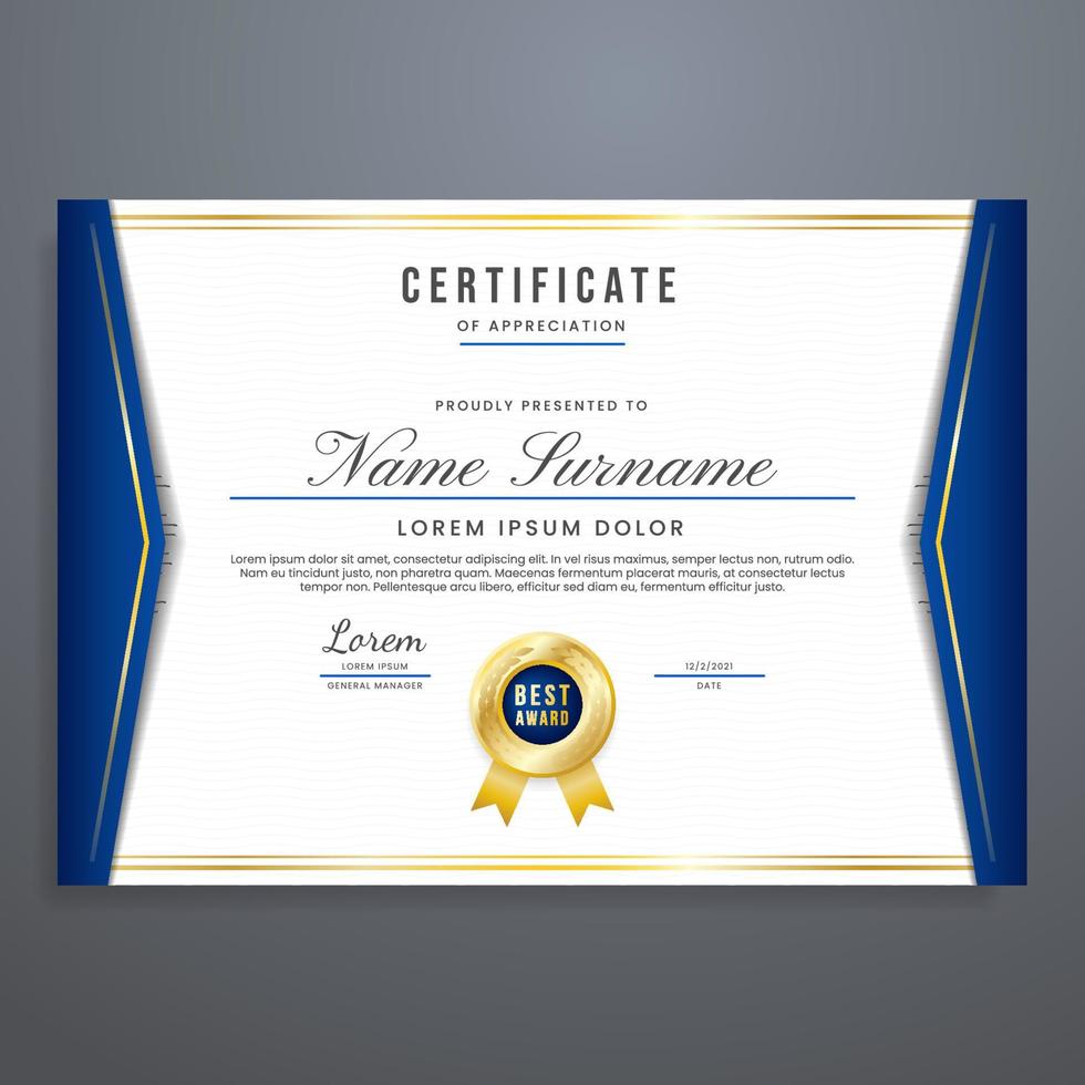 certificaat sjabloon vector, grens ontwerp vector met blauw en goud kleuren, multifunctioneel, kan worden gebruikt voor waardering, aanwezigheid, diploma, enz.