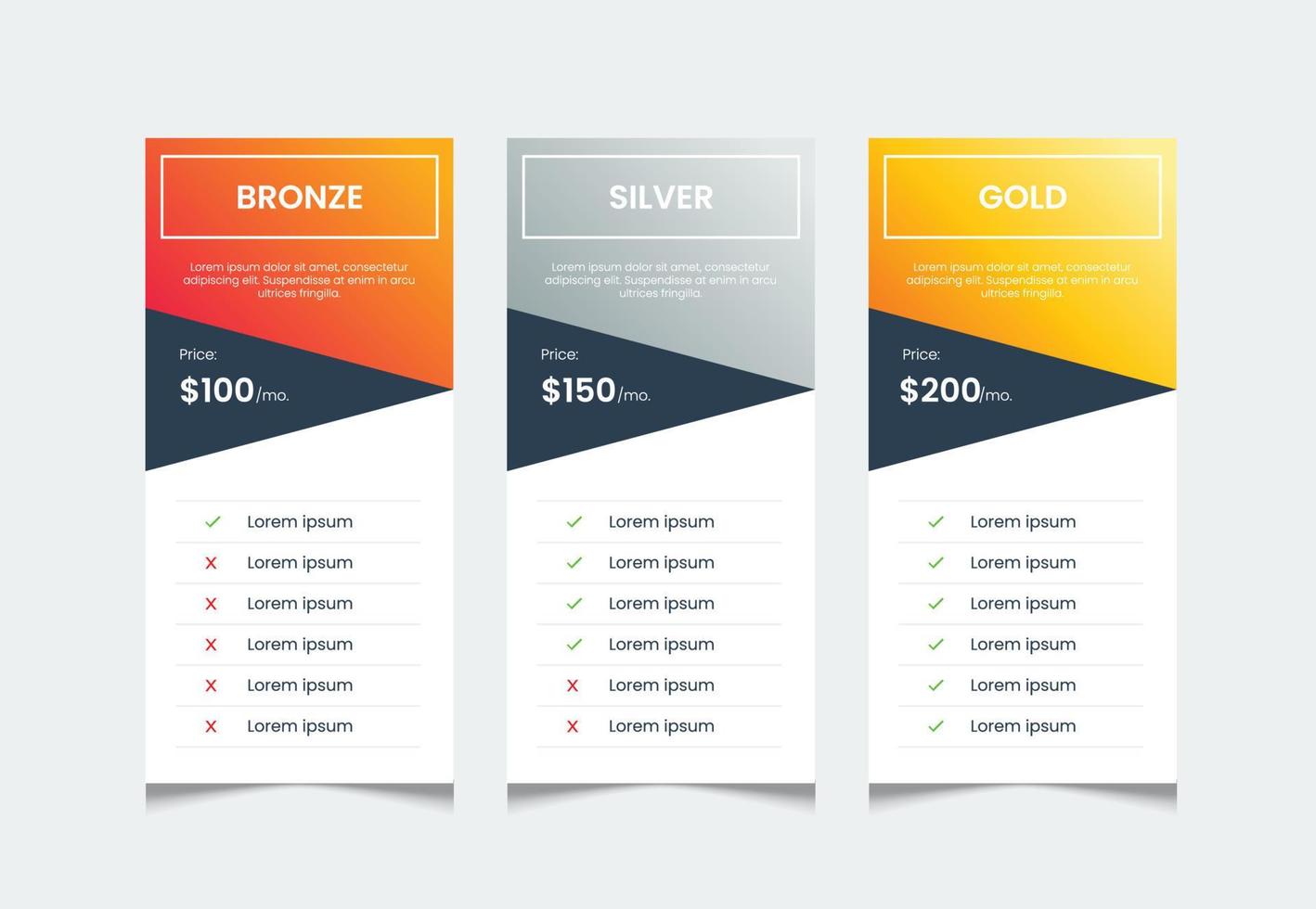 prijs lijst tafel ontwerp, tafel met 3 kolommen, comparatieve tafel sjabloon, voor web ui, infographic prijzen vector. vector