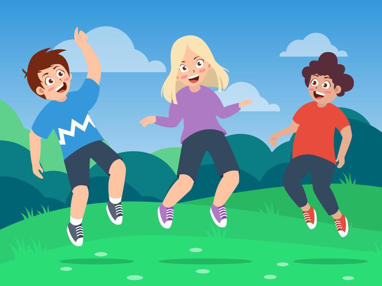 gelukkig kinderen met divers geslachten jumping Aan de veld, tekenfilm vector illustratie