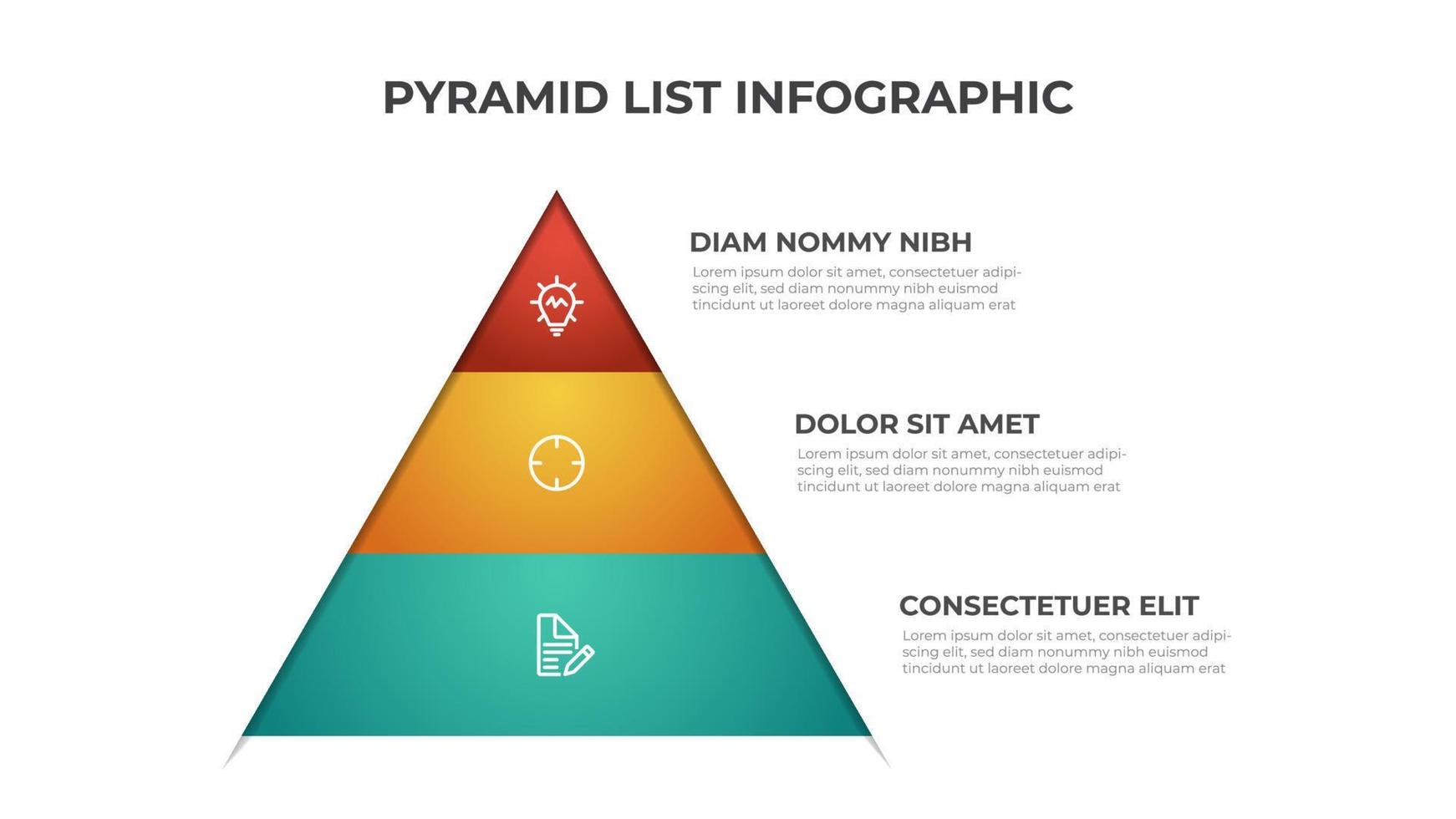 piramide infographic sjabloon met 3 lagen of lijst. lay-out element vector voor presentatie, rapport, brochure, enz.