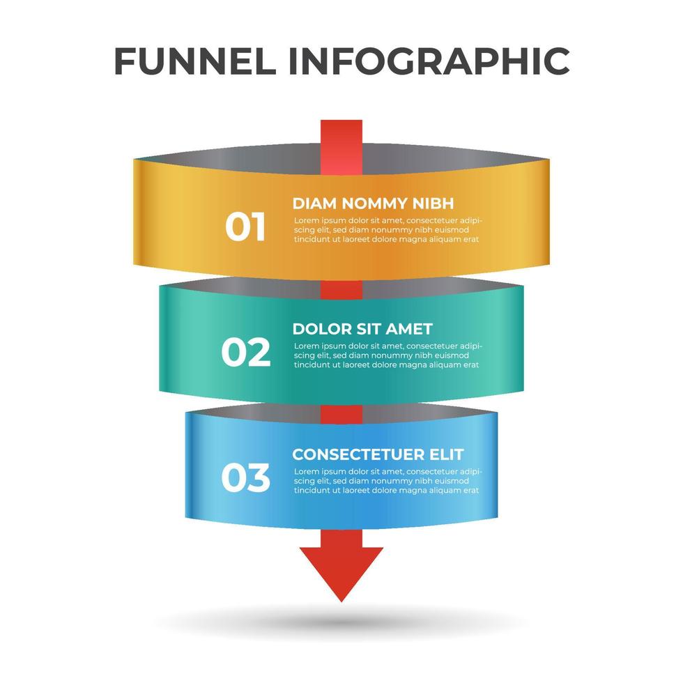 verkoop trechter diagram met pijlen, 3 stappen en niveaus lay-out met nummer, infographic sjabloon vector. vector