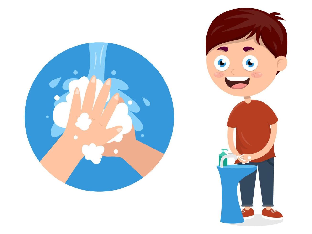 weinig jongen het wassen handen met vloeistof zeep naar voorkomen tegen virussen, tekenfilm vector illustratie