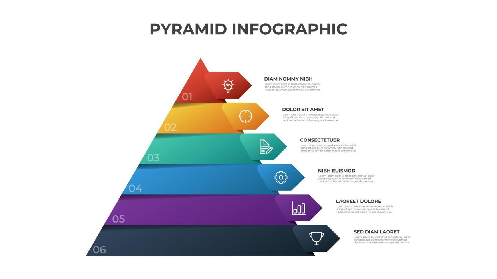 piramide infographic sjabloon vector met 6 lijst, opties, niveaus diagram. lay-out element voor presentatie, banier, brochure, enz.