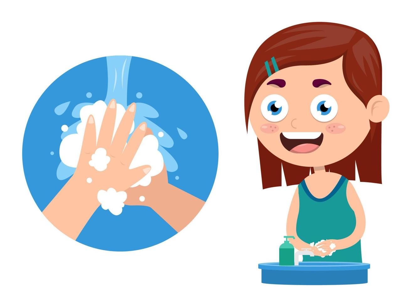 weinig jongen het wassen handen gebruik makend van water en vloeistof zeep voor voorkomen van virussen, tekenfilm vector illustratie