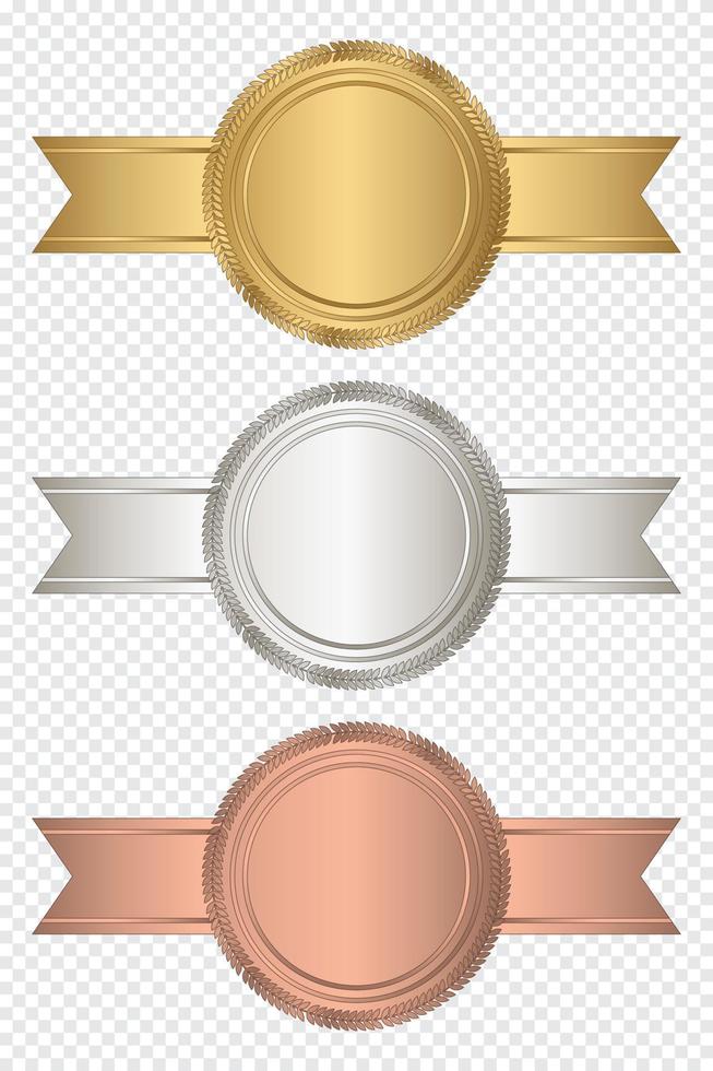 goud, zilver, en bronzen postzegel met horizontaal linten. luxe zegel. blanco zegel. vector illustratie