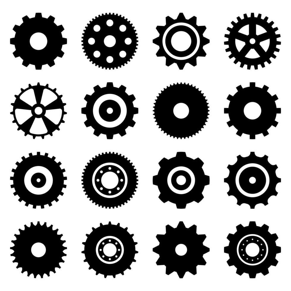 uitrusting instelling vector icoon set. geïsoleerd zwart versnellingen mechanisme en tand wiel. vooruitgang of bouw concept. gemakkelijk uitrusting wiel verzameling. vector illustratie