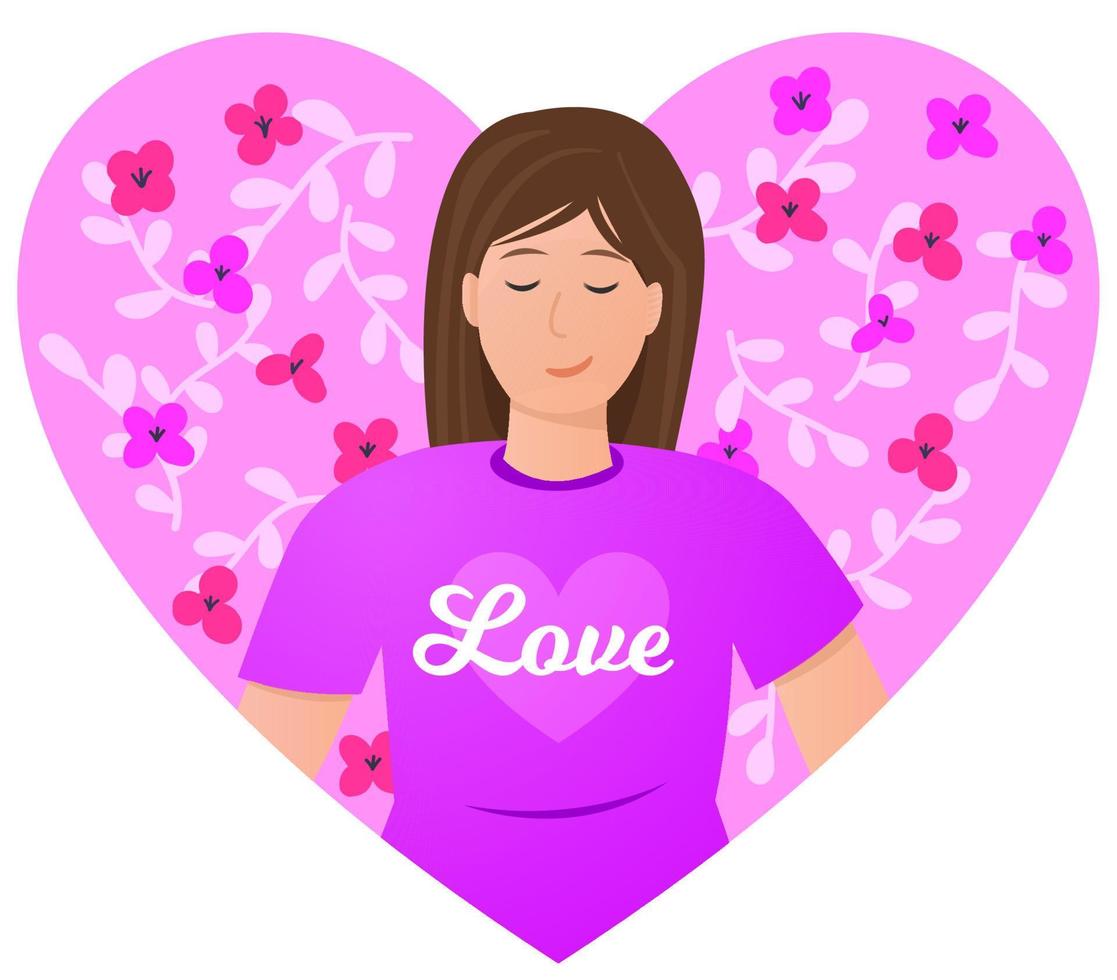 vrouw karakter binnen een roze hart met bloemen. liefde concept vector illustratie. valentijnsdag dag kaart.