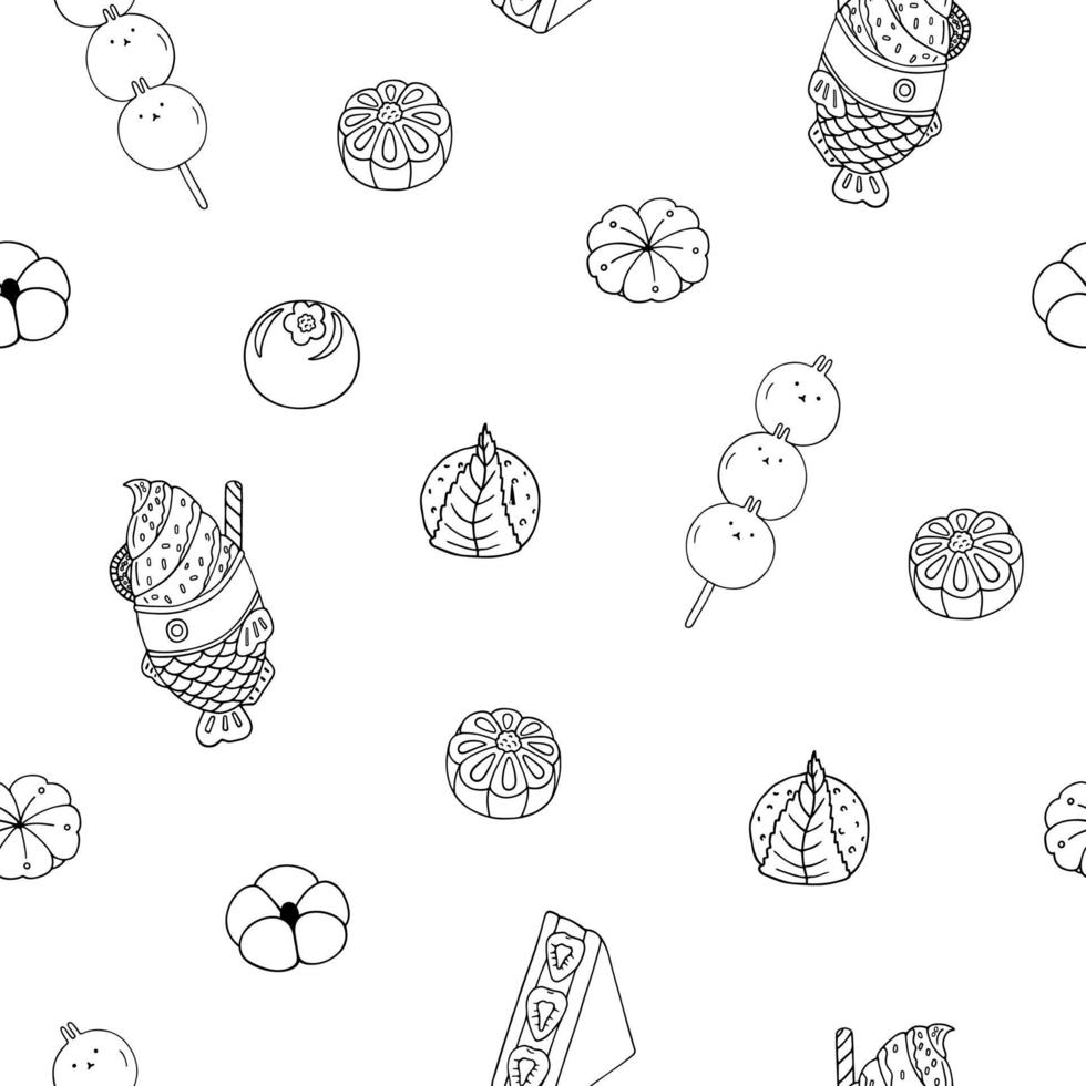 Aziatisch zoet voedsel naadloos patroon. hand- getrokken illustratie van wagashi, dango, taiyaki, fruit belegd broodje en mochi vector