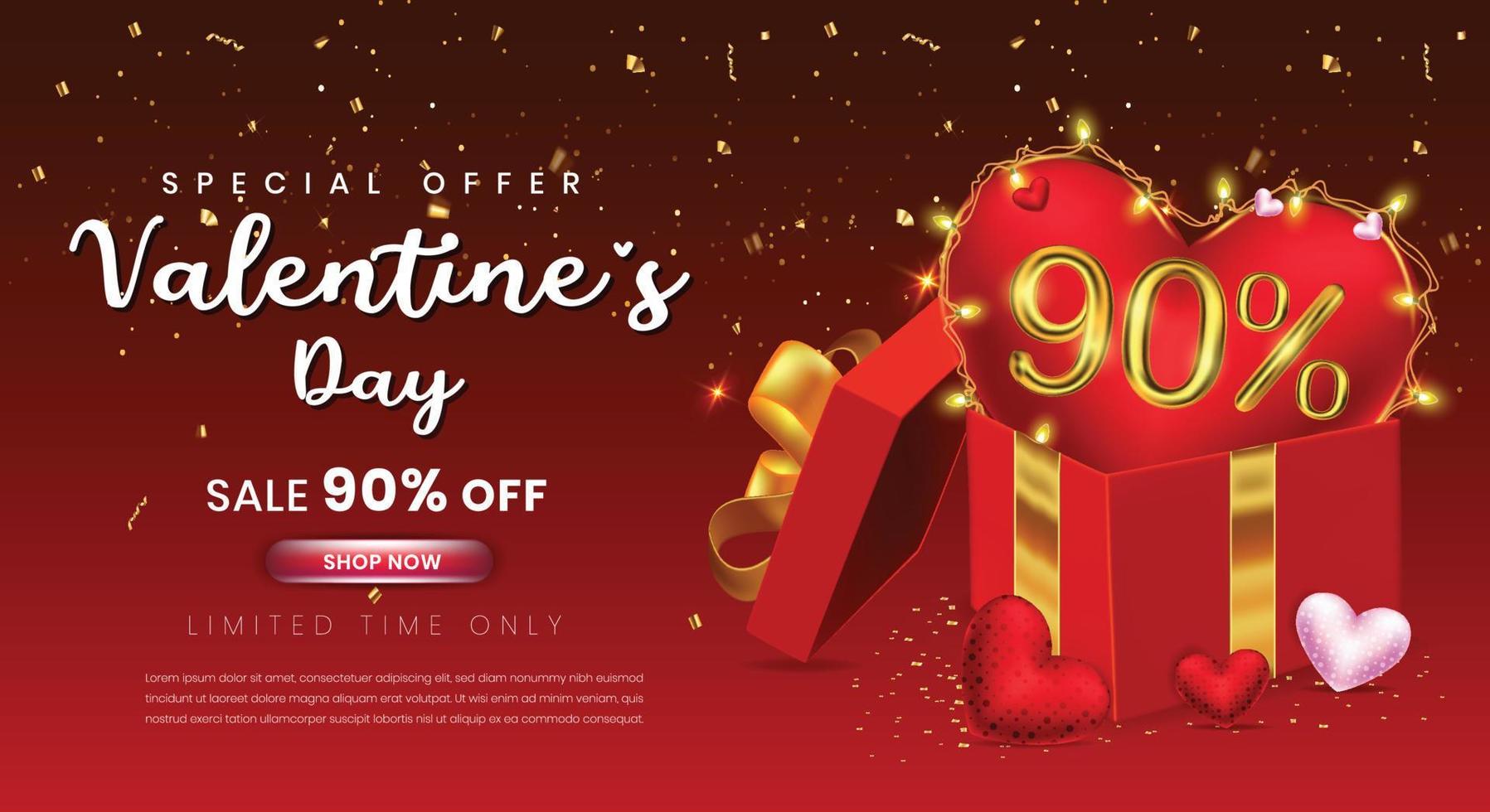 valentijnsdag dag 90 procent uit verkoop sjabloon met geschenk doos en 3d aantal vector