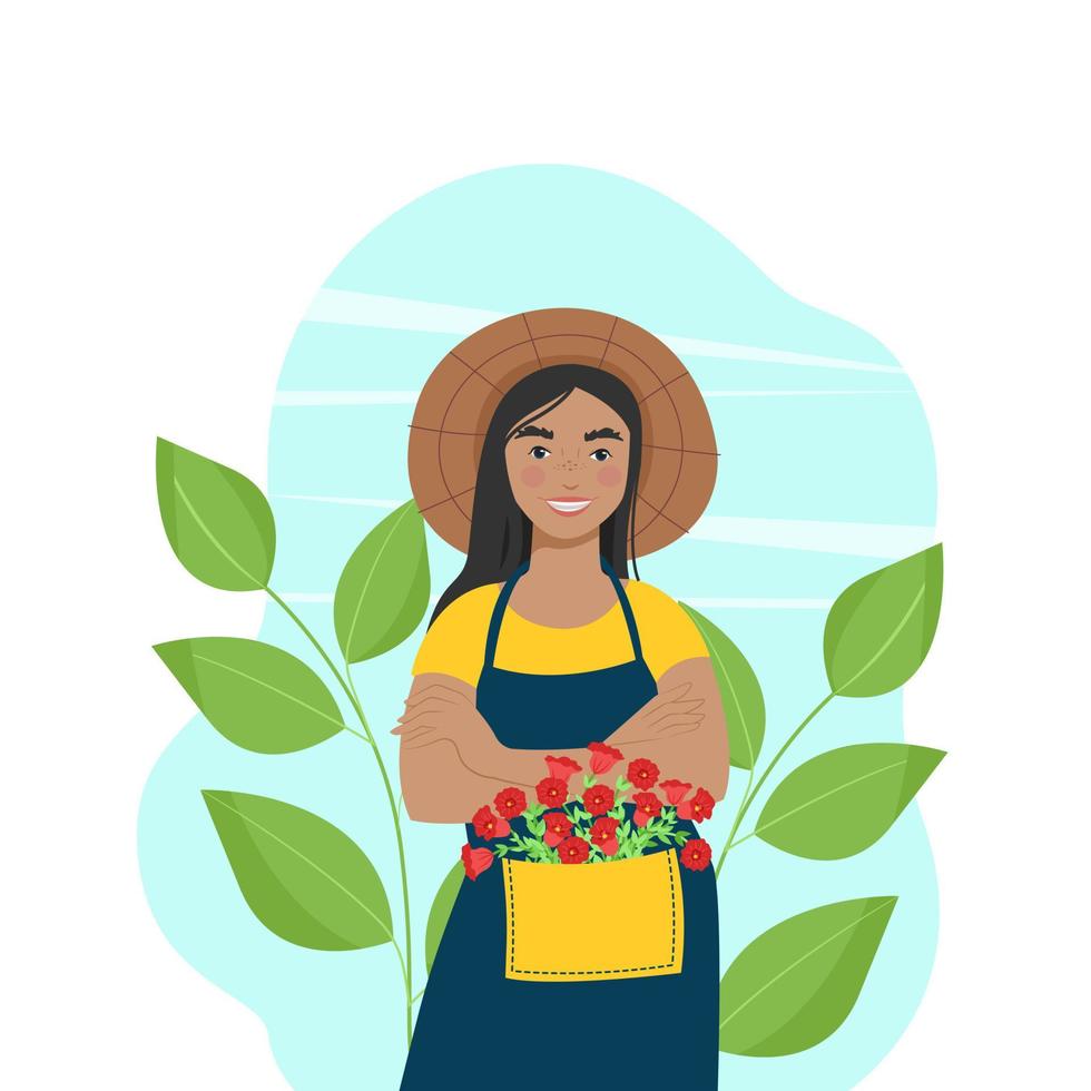 vrouw in schort en rietje hoed. vector illustratie in vlak stijl.vrouw tuinman groeit bloemen