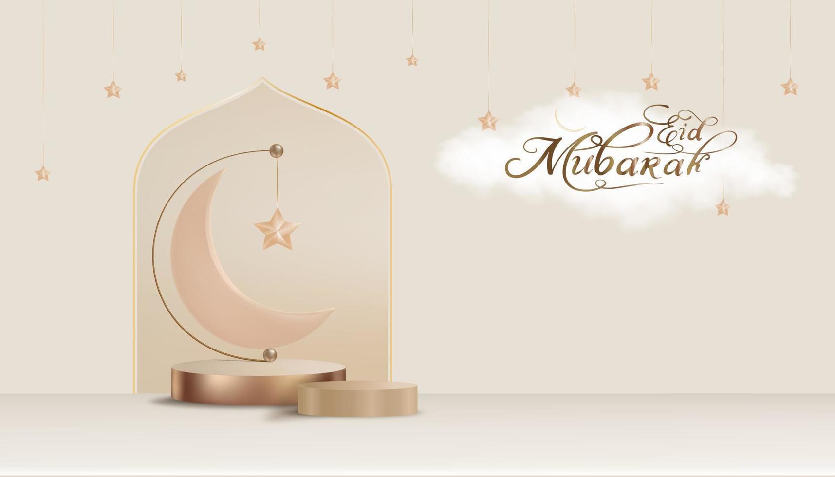 Islamitisch achtergrond,3d podium met wolk, halve maan maan en ster hangende Aan beige achtergrond, vector horizontaal banier voor moslim religie symbolisch voor eid al fitr, ramadan kareem, eid al adha mubarak