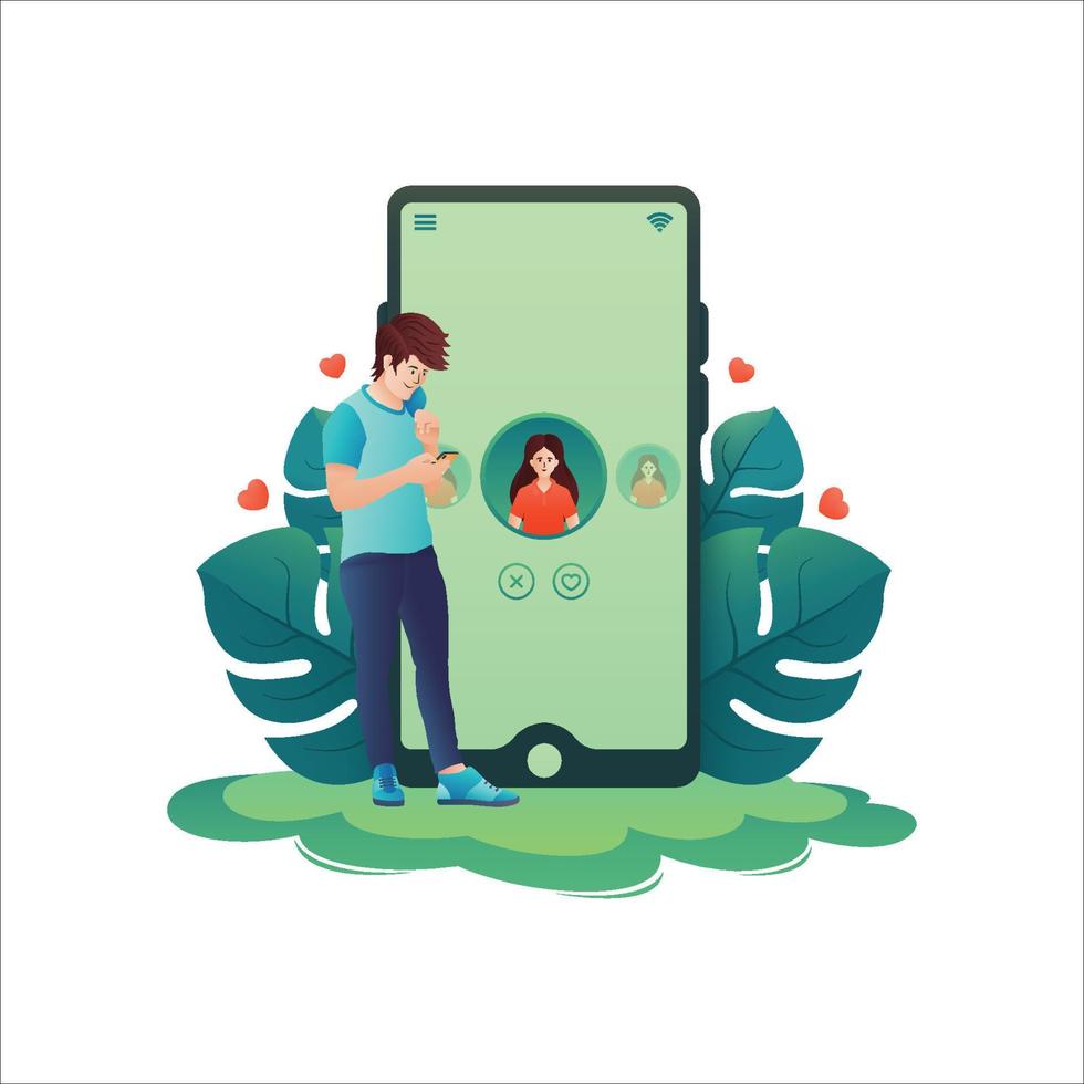 dating app illustratie, selectie profiel, tekst, sms, liefde, wedstrijd, mobiel, bladeren, verloop, karakter vector illustratie.