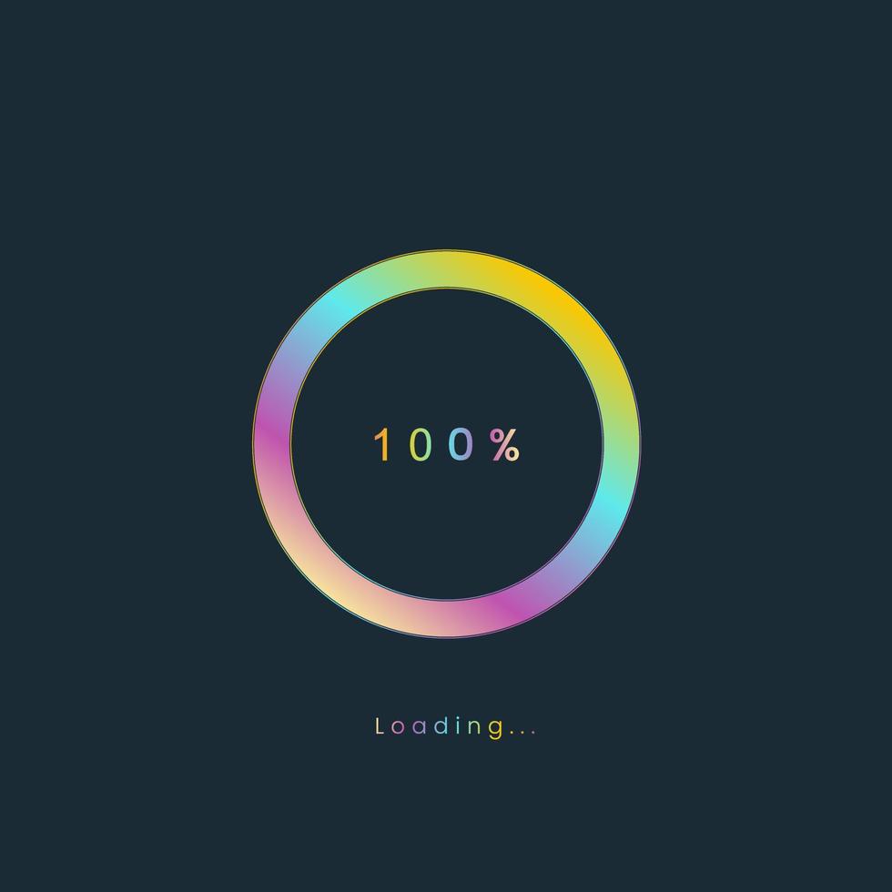 100 procent regenboog bezig met laden bar, uploaden gebruiker koppel, kleurrijk futuristische bezig met laden symbool. vector