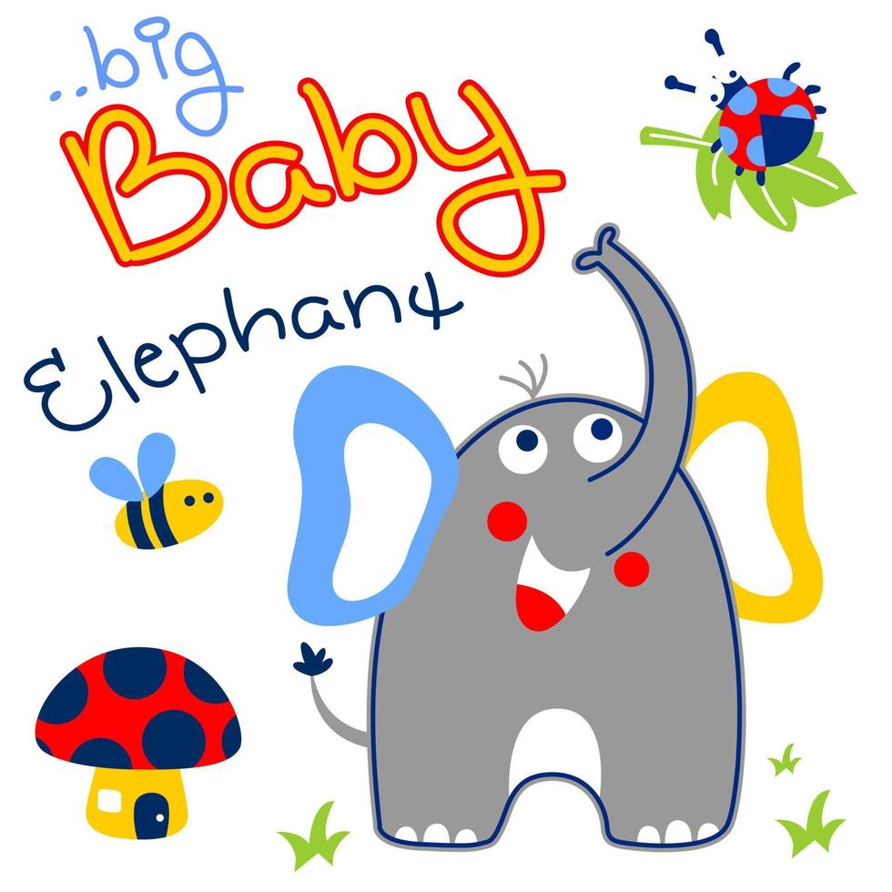 vector tekenfilm illustratie van schattig olifant met bugs en paddestoel