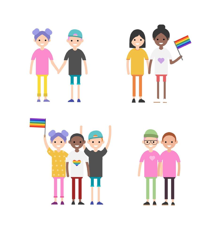 lgbt familie vlak vector illustratie set. tekenfilm gelukkig lgbt familie mensen verzameling van homo lesbienne biseksueel paar ouder karakter en geadopteerd kinderen, regenboog adoptie ouderschap geïsoleerd Aan wit