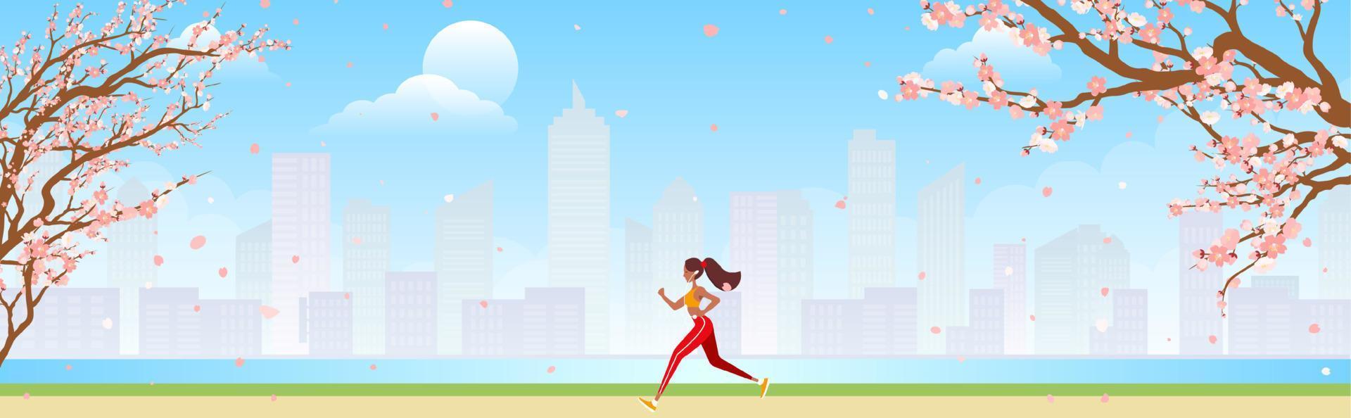 loper opleiding buitenshuis. sportief meisje rennen naar beneden stad park traject in ochtend. vector illustratie voor Gezondheid, actief levensstijl, ochtend- oefening, jogging concept.