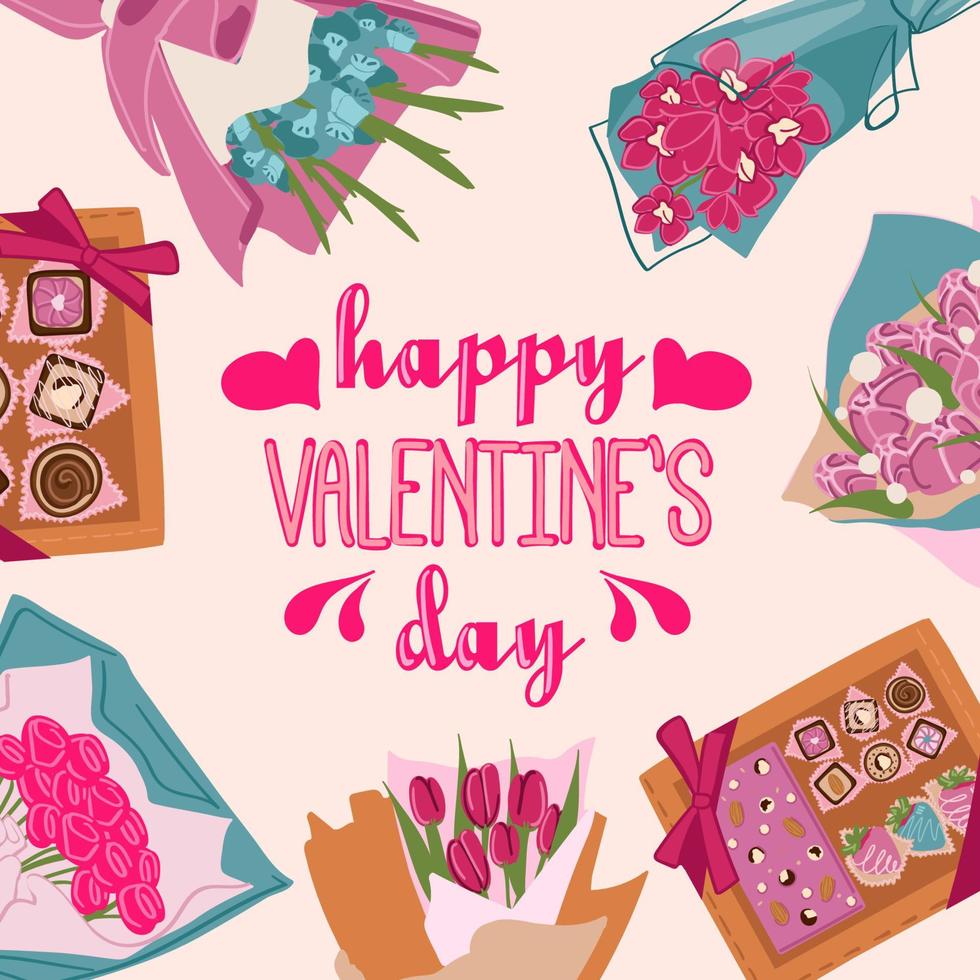 achtergrond met boeketten van bloemen, valentijnsdag dag, Dames s dag, moeder s dag ontwerp in vlak stijl. feestelijk achtergrond, banier, groet kaart, en folder. vector illustratie.