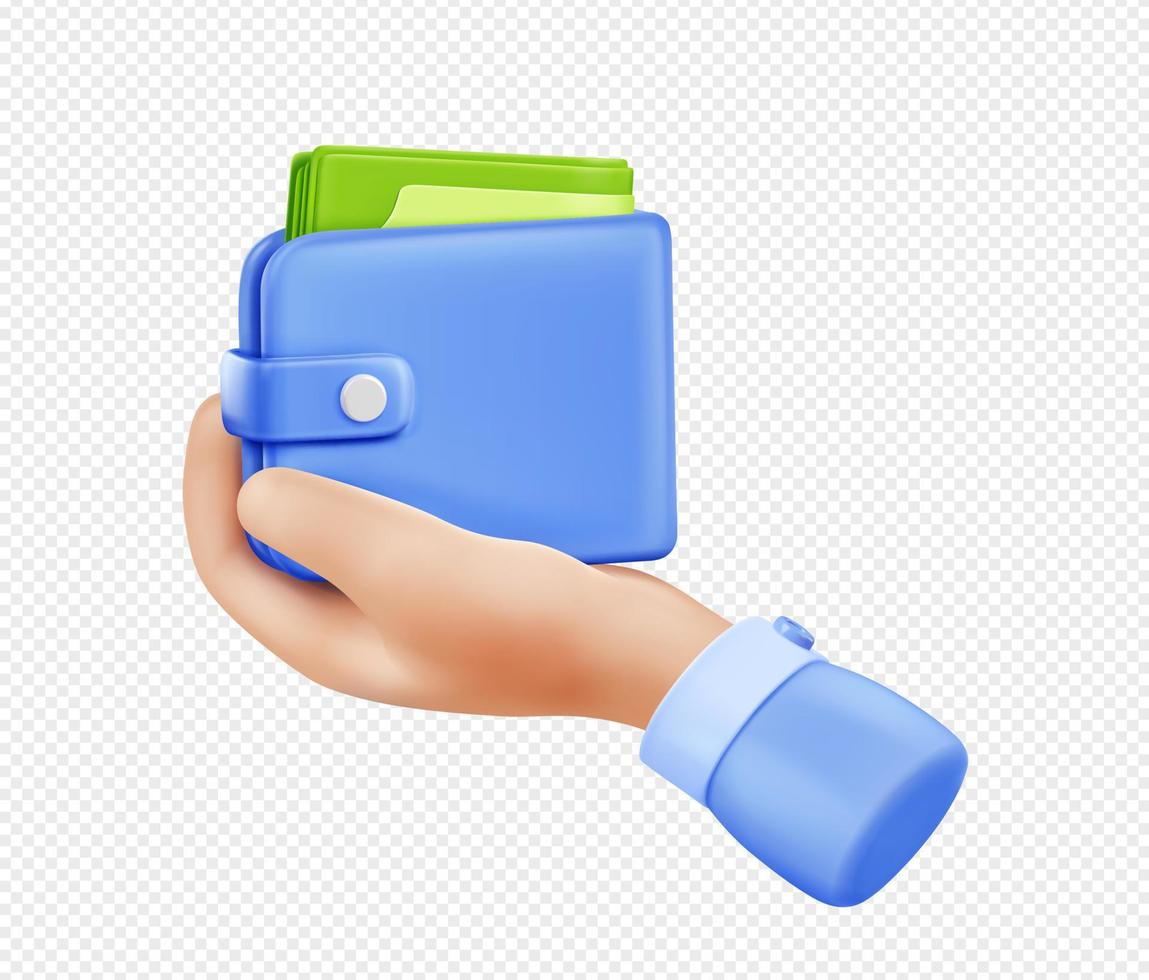 3d geven hand- Holding portemonnee met geld rekeningen vector