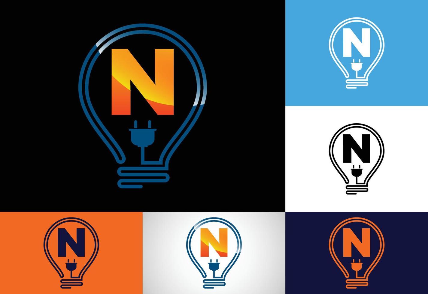 eerste alfabet n met een elektrisch lamp. elektrisch lamp logo vector sjabloon. elektriciteit logo
