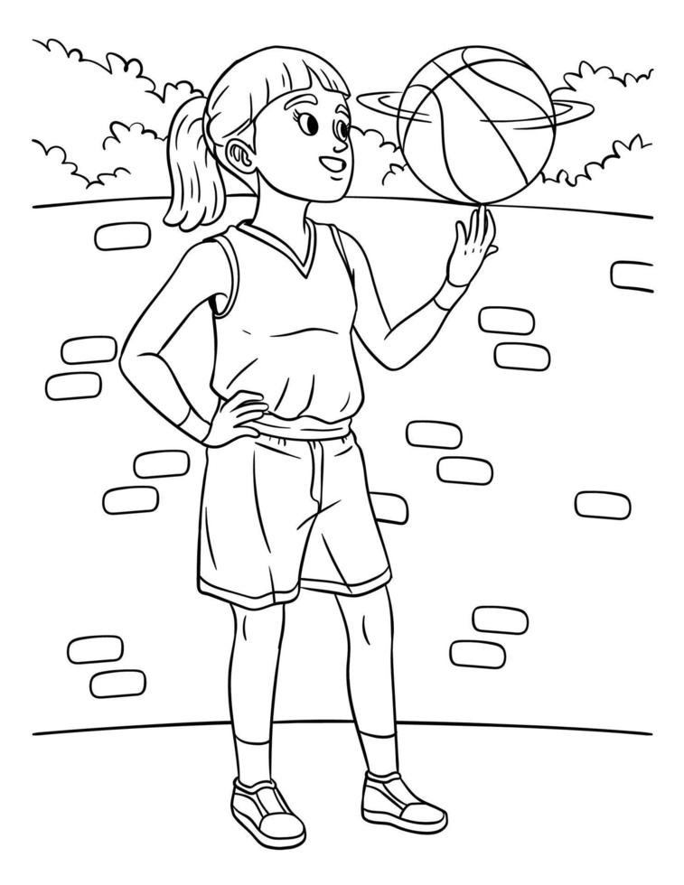 basketbal meisje spinnen de bal kleur bladzijde vector