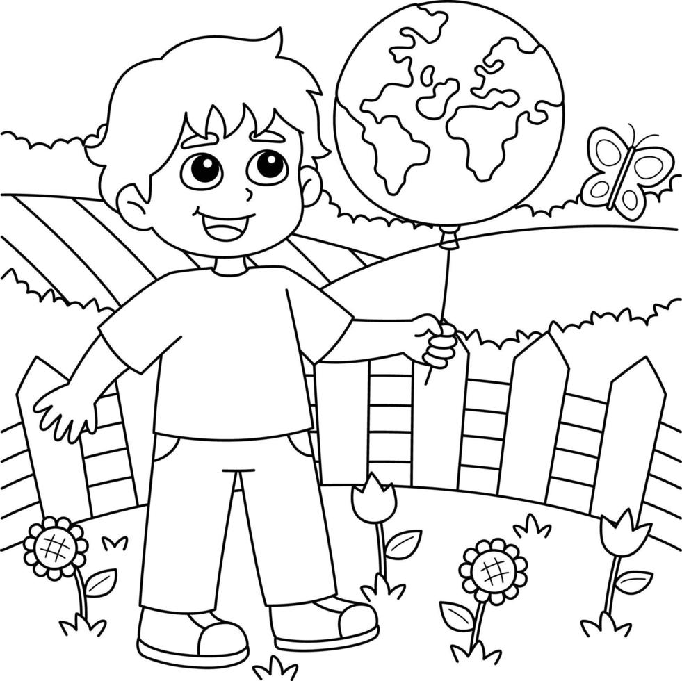 jongen Holding een aarde ballon kleur bladzijde vector