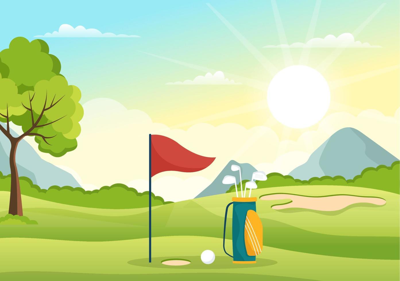 golf sport illustratie met vlaggen, kar, stokken, groen veld- en zand bunker voor buitenshuis pret of levensstijl in vlak tekenfilm hand- getrokken Sjablonen vector